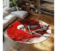 UERWOWELL Alfombras Redondas de Estilo Oscuro 180cm Esqueleto gótico pensado con alas y patrón de corazón Rojo Alfombra de Pelo bajo y Lavable en la Entrada
