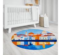 UERWOWELL Alfombras Redondas Estilo mediterráneo 8ft - Arte en Acuarela Estampado Europeo Pueblo Junto al Lago moqueta Pelo bajo para decoración del salón y Dormitorio