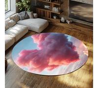 UERWOWELL Alfombras Redondas Fantasy Cloudscape 90cm - Nubes de corazón Rosa Esponjoso sobre Cielo Azul moqueta de Pelo bajo Antideslizante y Secado rápido decoración del Suelo del Dormitorio