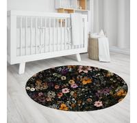 UERWOWELL Alfombras Redondas Florales oscuras Antideslizantes Lavables Margaritas y Lirios Flores y Plantas Alfombra de Piso Delgada para Dormitorio Sala de Estar Balcón 180cm
