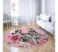 UERWOWELL Alfombras Redondas Interiores y Exteriores 240cm Esqueleto gótico y Rosas con Estampado de Estampado de Pelo bajo y Antideslizante salón balcón Cocina decoración del Suelo del Suelo