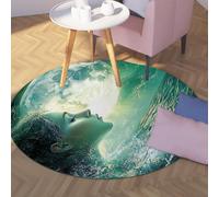 UERWOWELL Alfombras Redondas Luna Llena 140cm Patrón Rostro Chica Hermosa Alfombra Pelo bajo Antideslizante Olas del océano Cita poética Decoración acogedora del hogar