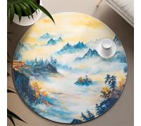 UERWOWELL Alfombras Redondas Paisaje Oriental 7ft - Azul y Amarillo Mountain Mist Alfombras Oficina Pelo bajo para Sala Estudio Espacio meditación Decoración del Suelo