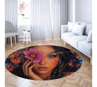 UERWOWELL Alfombras Redondas Retrato étnico 90cm - Dama misteriosa con Flores Multicolores con Estampado moqueta Pelo bajo para Maquillaje Dormitorio Decoración Bohemia
