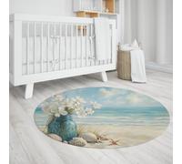 UERWOWELL Alfombras Redondas White Blossoms Antideslizantes Thin Blue Jar Marinas, Marinas, Hierba Marina, Paisaje Playa, Alfombra Piso para casa Junto a la Playa 90cm