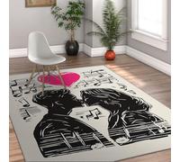 UERWOWELL Amantes la música Alfombras acogedoras Silueta Pareja Negra bajo un corazón Rosa Estampado en Forma Corazones Rosas 120x180cm Decoración romántica del Suelo Interior con Beso