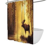 UERWOWELL Cortina de Ducha con Retrato de Animales del Bosque, Alce de otoño en bosques con luz del Sol a través de árboles y Agua Reflectante, Cortina de Ducha con Tela Impermeable W150xL180 cm