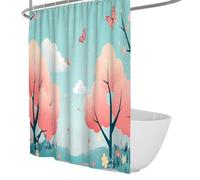 UERWOWELL Cortina de Ducha en Acuarela de Dibujos Animados, Cortina de Ducha en Flor de Cerezo en Flor de Cerezo, Mariposas voladoras, Cielo Azul, decoración de baño Impermeable W120xL180 cm