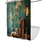 UERWOWELL Cortina de Ducha Retro Verde Verdoso Libros Antiguos Cortinas de Ducha con Velas Cortinas de bañera Shabby Chic Conjunto con Ganchos de plástico Tela Extra Larga W120xL200 cm