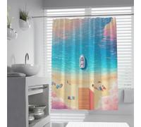 UERWOWELL Escena Tropical de la Playa Cortina de Ducha Agua Azul Clara con Cortina Blanca de baño Gente relajándose sobre Toallas Cortinas de Ducha para decoración de baño de Verano W180xL180 cm