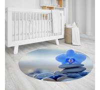 UERWOWELL Meditación 120cm Alfombras Redondas orquídea Azul y Piedras apiladas Estampado Acogedor Pelo bajo Lavable para el rincón Lectura del salón Decoración del Suelo