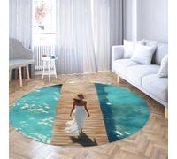 UERWOWELL Minimalista Costera 140cm Alfombras Redondas Mujer con Vestido Blanco sobre Muelle con Estampado de Muelle Esterilla Interior de Pelo bajo para el salón decoración refrescante hogar