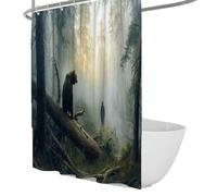 UERWOWELL Naturaleza Aventura Arte Cortina de Ducha Oso poderoso y Silueta Humana lejana Arte del Bosque Cortina de Ducha Lavable en máquina Secado rápido con Ganchos W180xL180 cm