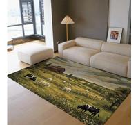 UERWOWELL Pastos Verdes Alfombra Grande Estilo Pintura al óleo Flores Silvestres ovejas Vacas y alfombras Delgadas patrón Granero Viejo para la Granja 180x240cm