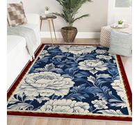 UERWOWELL Peonía Oriental 60x120cm Alfombras con Borde Rojo Acogedor Pelo bajo Azul Marino lavador Lavadora para Comedor Oficina y Entrada del Suelo