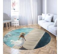 UERWOWELL Relajación Costera 180cm Alfombras Redondas Mujer con Vestido Blanco en Muelle con Estampado de Muelle Esterilla Interior de Pelo bajo para terraza Decoración refrescante hogar