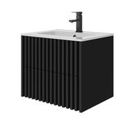UEV 60CM Mueble de Baño Suspendido con Lavabo de Cerámica, Mueble Lavabo Incluido con 2 Cajones para Almacenaje, Moderno y Práctico, Negro