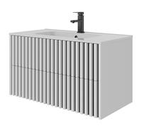 UEV 90CM Mueble de Baño Suspendido con Lavabo de Cerámica, Mueble Lavabo Incluido con 2 Cajones para Almacenaje, Moderno y Práctico, Blanco