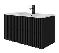 UEV 90CM Mueble de Baño Suspendido con Lavabo de Cerámica, Mueble Lavabo Incluido con 2 Cajones para Almacenaje, Moderno y Práctico, Negro