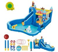 UEV Castillo Hinchable para 3 Niños con Temática de Barco Pirata, Parque Infantil Multifuncional con 8 Actividades y Soplador 450W para Dos Modos de Juego Seco y Acuático, 444 x 348 x 260 cm