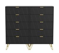 UEV Juego de 2 Cómodas con 5 Cajones, Cómoda con Diseño de Líneas Superficiales en Madera de Ingeniería, con Tiradores y Patas Doradas, para Salón, Dormitorio, Recibidor, 60 x 34 x 110 cm, Negro