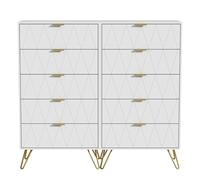 UEV Juego de 2 Cómodas con 5 Cajones, Cómoda con Diseño de Líneas Superficiales en Madera de Ingeniería, con Tiradores y Patas Doradas, para Salón, Dormitorio, Recibidor, 60 x 34 x 110 cm, Blanco