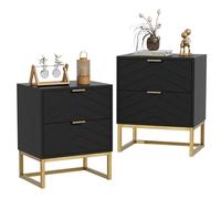 UEV Juego de 2 Mesillas de Noche con Diseño en V, Muebles de Dormitorio con Asas y Patas de Metal, Mesilla de Noche Moderna y Estable, 46 x 33,5 x 56,5 cm, Negro