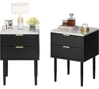 UEV Juego de 2 Mesillas de Noche con Motivos de Mármol, Mesa Auxiliar 2 Cajones de Madera, Mesilla de Noche Pequeña y Moderna para Dormitorio, Salón, 42 x 40 x 70 cm, Negro