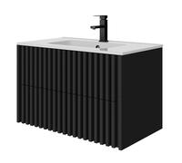 UEV Mueble de Baño 80CM Suspendido con Lavabo de Cerámica, Mueble Lavabo Incluido con 2 Cajones para Almacenaje, Moderno y Práctico, Negro