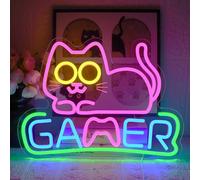UExnkj-Y Letrero de Neón para Juegos de Gatos Juego Neón Signs Gamer LED Neon Light Regulable por USB para Sala de Juegos Decoración para Gamers Regalos de Cumpleaños y Navidad