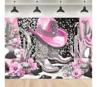 Ufeela Telón de fondo de cumpleaños de vaquera de 7 pulgadas de ancho x 5 pulgadas de alto, tela de poliéster, discoteca, Let's Go Girl, rosa occidental, plateada, botas femeninas, retro, vintage