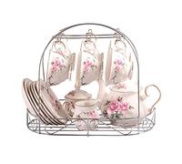 ufengke 15 Piezas Juego De Té De Cerámico Clásico Europeo, Rosa Camelia Borde Dorado Juego De Té De Porcelana Juego De Café Vintage con Soporte De Metal, para Regalo, La Boda, La Familia Y La Oficina