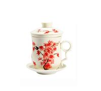 ufengke Jing Dezhen Taza De Té De Porcelana Taza De Té Hecha A Mano China, Conjunto De 4 Piezas Patrón De Arce Rojo, Taza De Té con Filtro, para Regalo, La Familia Y La Oficina - Blanco 300 Ml