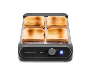 Ufesa Tostador Plano Barley, 900W con 3 Resistencias de Cuarzo, Tostador Horizontal de Acero Inoxidable, Tamaño XL para 4 Rebanadas, 7 Niveles, Recalentar y Descongelar, Bandeja Recogemigas, Bollería