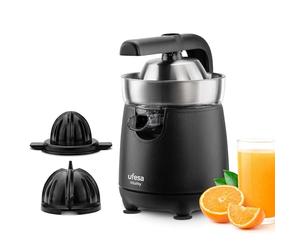 Ufesa Vitality, Exprimidor Eléctrico de brazo, 120W, Vertido Continuo, Sistema Antigoteo, Doble Cono, Filtro en Acero Inoxidable, Brazo para la extracción del Zumo, Sin BPA, Negro Inox