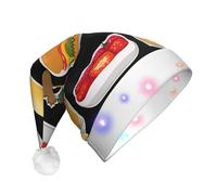 UFhgjjb Sombrero de Navidad LED con estampado de hamburguesas y papas fritas para adultos, sombrero festivo de Papá Noel, gorro unisex de felpa para Navidad, Año Nuevo