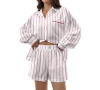 UFinetech Pijama Mujer Verano 2 Piezas - Conjunto de Camisa con Botones y Short a Rayas con Bolsillos, Suave y Cómodo para Dormir, Casa, Relax o Viaje