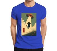 UFO Alien Secuestro Gato Negro Japón Y2K Camiseta Hombre, azul, S
