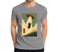 UFO Alien Secuestro Gato Negro Japón Y2K Camiseta Hombre, gris, XXL