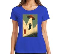 UFO Alien Secuestro Gato Negro Japón Y2K Camiseta Mujer, azul, S