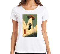 UFO Alien Secuestro Gato Negro Japón Y2K Camiseta Mujer, Blanco, L