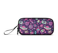 UFO Aliens Rockets - Estuche para lápices de nailon morado de dibujos animados para adolescentes, estuche de gran capacidad con cremallera, organizador de papelería para niñas escolares