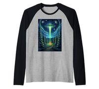 UFO en Bosque Fogata Naturaleza Camping Platillo Volador UAP Camiseta Manga Raglan