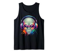 UFO UAP Alien Usando Auriculares y Gafas de Sol EDM Rave Art Camiseta sin Mangas