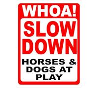 UFRUDR Letrero de metal con texto en inglés "Whoa Slow Down Horses & Dogs at Play", letrero de metal de advertencia, decoración de pared vintage para el hogar, granja, bar, cafetería, club, decoración