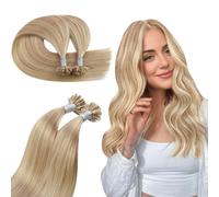 Ugeat Extensiones Pelo Natural Queratina 40cm 50 hebras Mechas Rubio Dorado Extensiones Cabello Humano Queratina Mechas Rubio Ceniza Remy Sedoso y Suave 50G