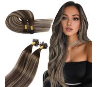 Ugeat Extensiones Pelo Natural Queratina Marrón 50cm 50 hebras Balayage Extensiones de Cabello Natural Queratina Castaño Rubio Balayage Remy Humano Liso Ligero 50G