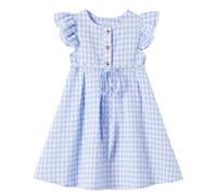 Ugitopi Vestido Algodón y Lino Mangas Volantes Vestido Niña, Plaid-blue, 6 años
