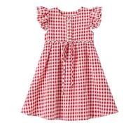 Ugitopi Vestido Algodón y Lino Mangas Volantes Vestido Niña, Plaid-red, 3 años