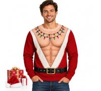 Ugly Christmas Sweater for Men, 3D Hairy Chest Santa Sweatshirt | Hairy chest Santa body graphic with six-pack abs, light-string details and classic belt styling